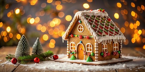 Gingerbread house adorned with Christmas decorations, gingerbread, house, Christmas, decorations, holiday, festive, icing, candy