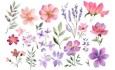 Various flowers. Watercolor pastel pink and purple wildflowers clipart, on a white background, 