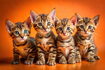 Adorable tiny Bengal kittens in various colors against an orange backdrop