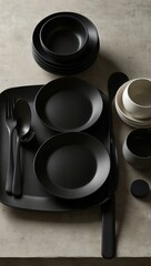 Beautiful minimalist dining setup with black utensils and a sleek plate.