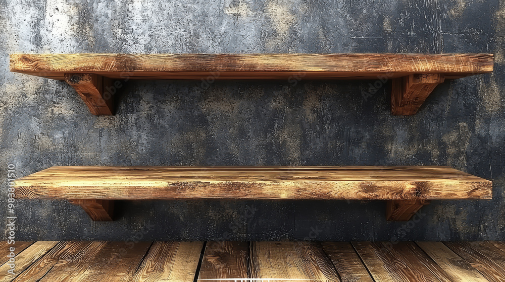 Canvas Prints Rustic wooden shelves against a dark concrete wall.