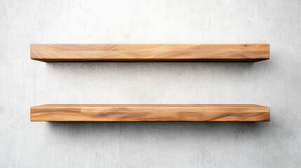Two empty wooden shelves on a concrete wall.