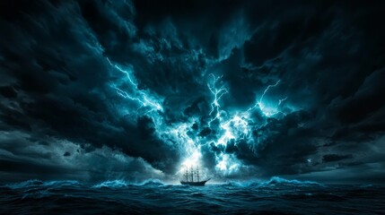 Fototapeta premium A massive lightning storm over the ocean, bolts illuminating the dark sky and crashing waves below, with a lone ship braving the tempestuous sea