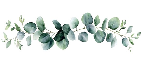 Watercolor silver eucalyptus garland illustration on a white background, simple watercolor clipart, tender green leaves, isolated on a white background, 