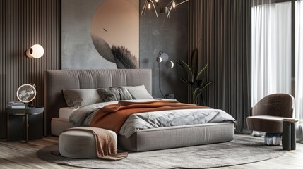 Modern design interior of bedroom. 3D render