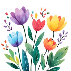 Watercolor spring flowers clipart, cute, simple, watercolors, with blue, pink, purple, orange, green, and yellow hues, isolated on a white background, 