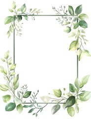 Watercolor green leaves and flowers frame with a white background, 
