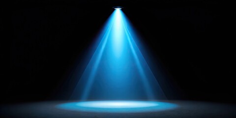 Aerial blue spotlight light beam on black background
