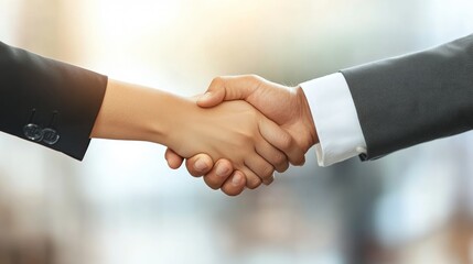 Latin Businesswoman and European Man Shaking Hands, Celebrating Successful Team Collaboration