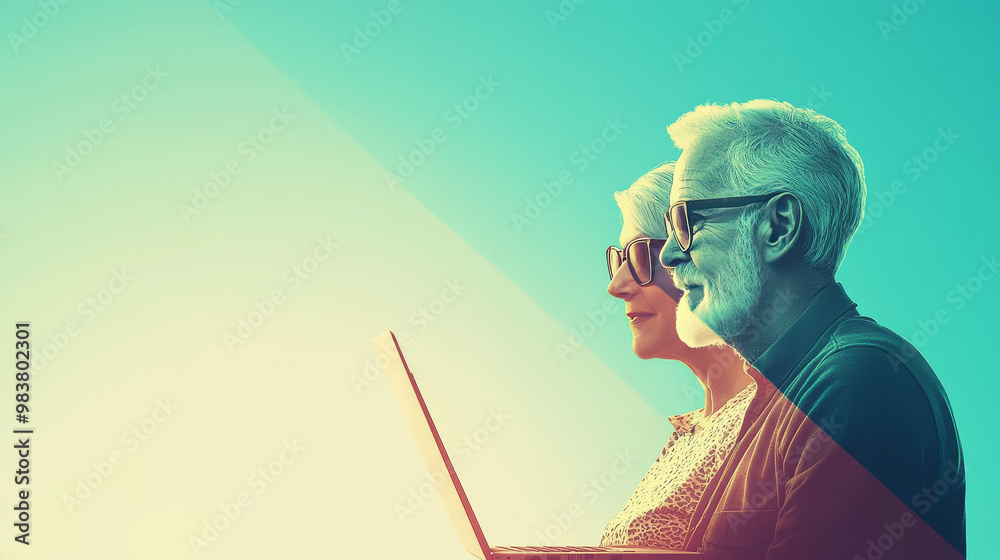 Wall mural senior couple in sunglasses looking at a laptop