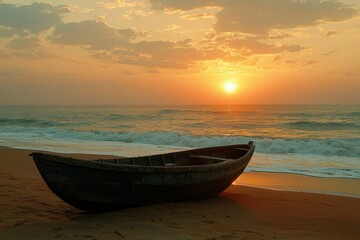 Fototapeta premium Wooden Boat on Sandy Beach at Sunset