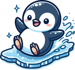 A vector of a small penguin happily sliding on a patch of ice 