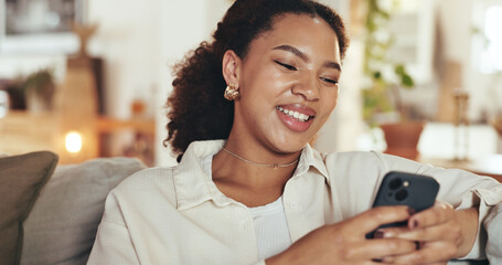Phone, relax and happy woman typing in home on social media account for streaming, subscribe or...