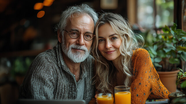 A happy couple enjoying a drink at a cafe.
