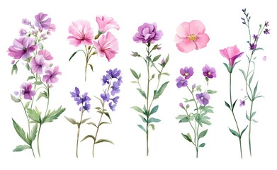 Watercolor wild flower clipart, pink and purple flowers on a white background, in different angles and poses. 