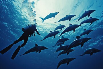 A diver swims among a group of dolphins in a vibrant underwater scene.