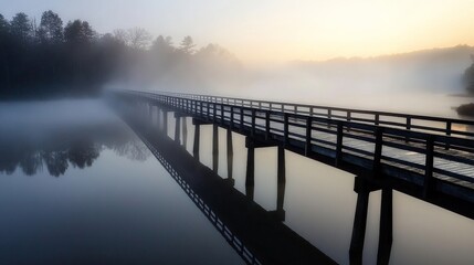 Obraz premium A mist-covered bridge stretching across a calm river, with soft morning light breaking through the fog