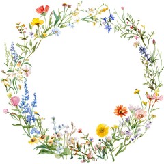 Obraz premium Watercolor wildflower wreath, clipart, white background,