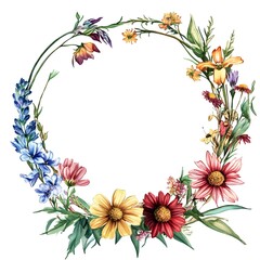 Obraz premium Watercolor wildflower wreath, clipart, white background,