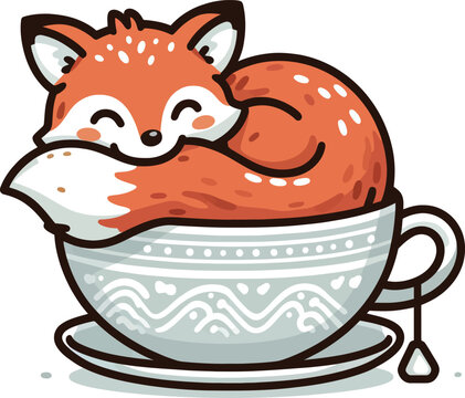A vector of a tiny fox curled up inside a tea cup, with just its head and tail peeking out - Powered by Adobe