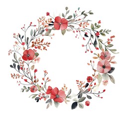 Naklejka premium Watercolor wildflower wreath red and light beige isolated on white background
