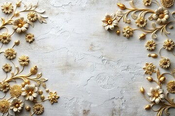 Aerial mock up vintage wall background with gold flower elements