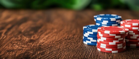 Fototapeta premium Colorful poker chips on wooden table background