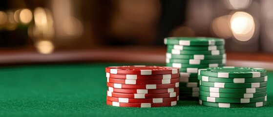 Fototapeta premium Colorful Poker Chips on a Green Table Surface