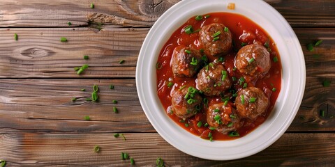 Pork and beef meatballs in a tomato, red pepper, and onion sauce, topped with chives, served on a white plate against a wooden table background, viewed from above with ample space for text.