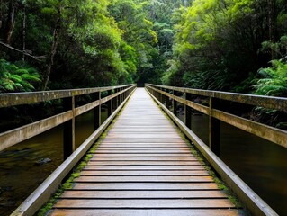 A narrow wooden bridge spanning a tranquil creek, surrounded by dense, lush greenery