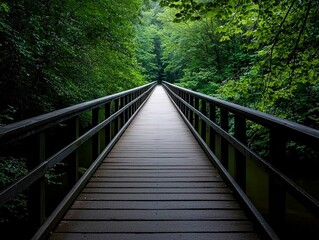 A narrow wooden bridge spanning a tranquil creek, surrounded by dense, lush greenery