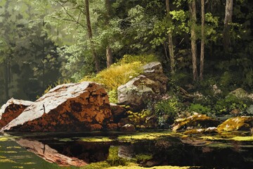 Fototapeta premium Tranquil Forest Scene with Reflections in Water