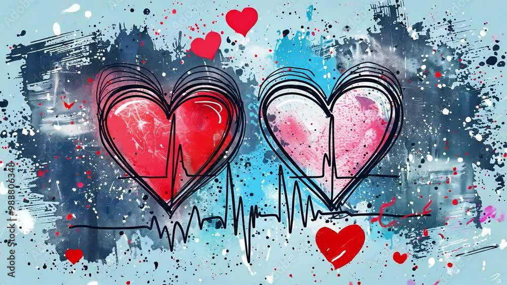 Poster an abstract design features two hearts outlined with heartbeat lines, immersed in vivid splashes of 