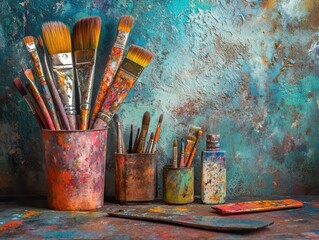 Vibrant Artist Brushes and Paints on Textured Background