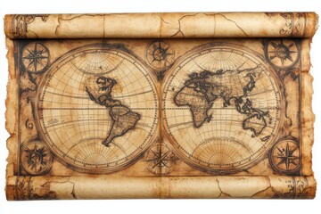 Naklejka premium An intricately designed antique world map displayed on a rolled parchment,