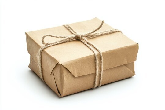 Brown paper parcel tied with string isolated on white background