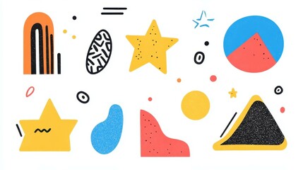 Explore a vibrant collection of textured geometric shapes and symbols that blend brutalist style with modern aesthetics.