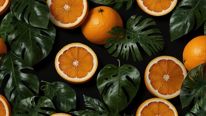 Black background with juicy orange slices and tropical leaves.