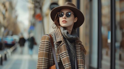 Fototapeta premium A dynamic shot of a fashion icon walking down a city street in an elegant outfit, combining modern and vintage elements for a chic, timeless look. 8k UHD, suitable for high-quality printing 