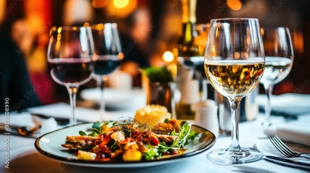 Sticker A plate of food and glasses of wine on a table