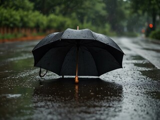 Black umbrella in the rain.