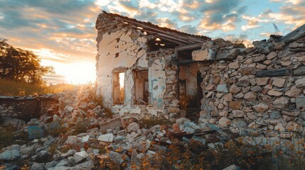 Ruined residence constructed from natural stones with aged walls and windows; the roof is in a state of disrepair, exposing the sky.