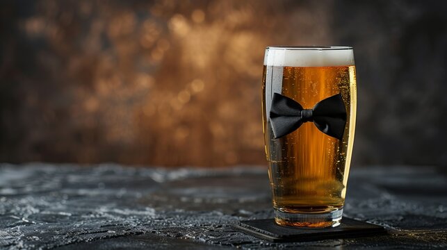 Refreshing glass of beer accompanied by a stylish black bowtie, perfectly capturing the celebration of father's day or a fun bachelor party atmosphere, ideal for festive gatherings and party planning 