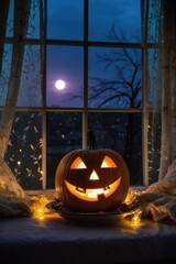 Lit Jack-o'-Lantern in Window at Night