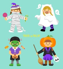Halloween illustration of children wearing ghost masks