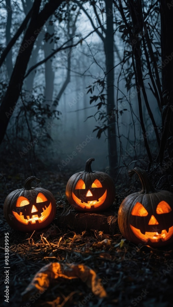 Wall mural Spooky Jack-o'-Lanterns in Foggy Forest