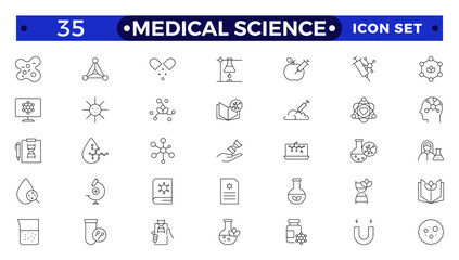 Medical science outline icons collection. Thin outline pack. Drug testing, scientific discovery disease prevention signs. Medical healthcare, doctor icons. Chemical formula, chemistry testing lab.