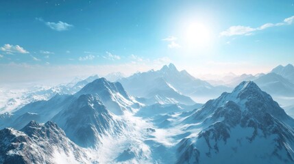 Fototapeta premium Snow-capped mountain landscape under a clear blue sky. The sunlight casts shadows, revealing the shapes of the snow-capped mountain peaks.