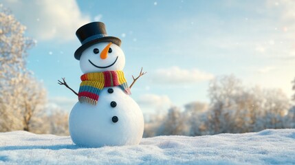 Obraz premium A cute snowman built in the middle of a snowy field, decorated with a colorful striped scarf, carrot nose and traditional top black hat.