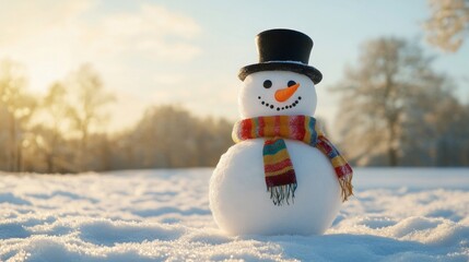 Obraz premium A cute snowman built in the middle of a snowy field, decorated with a colorful striped scarf, carrot nose and traditional top black hat.